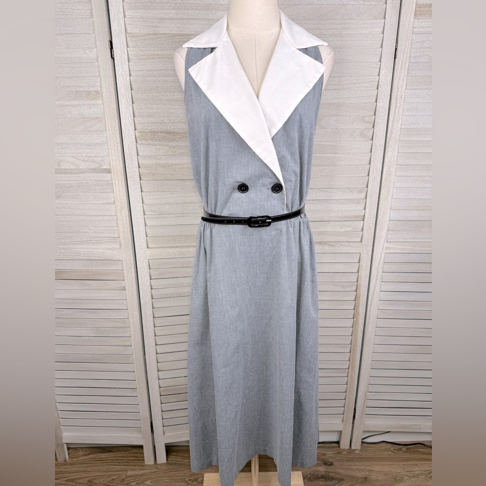 AVON FASHIONS Vintage Union Made Midi Belted Sleeveless Dress Gray/White-13/14